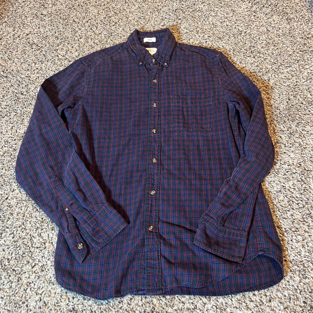 J Crew Brushed Twill Plaid Button Down Shirt Mens Small Slim Fit Red Blue